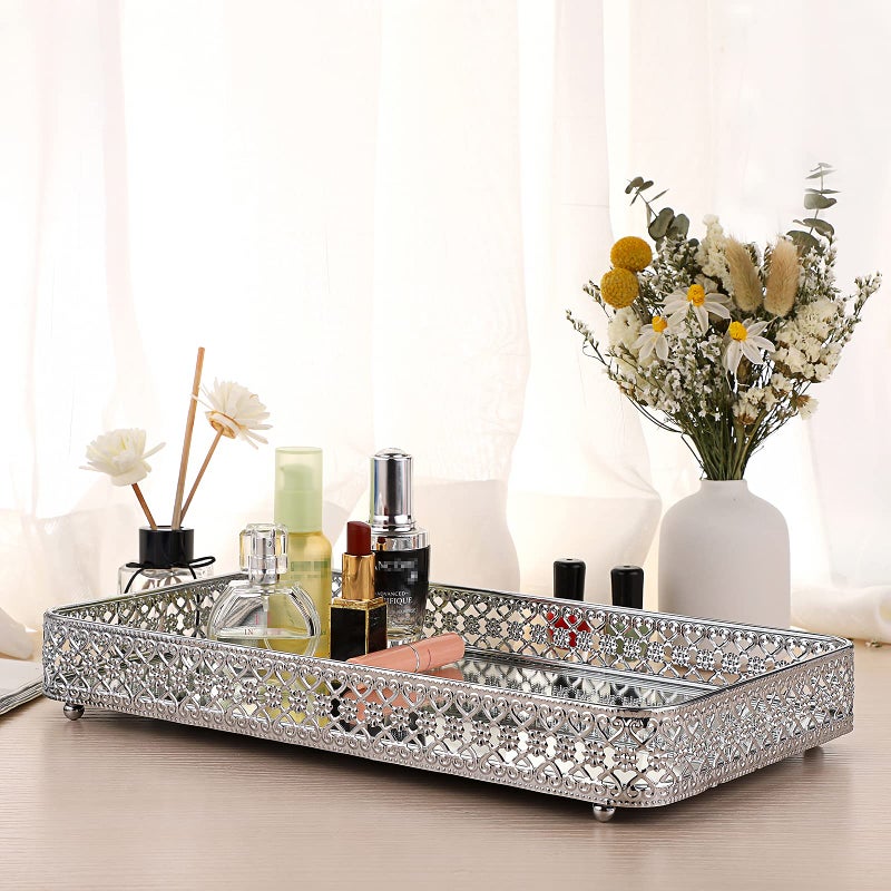 ELLDOO Perfume Tray Mirror Tray Silver Vanity Makeup Hollow-Carved Jewelry Tray Glass Metal Trinket Storage Tray Home Decor Organizer Tray for for Dresser Bathroom Countertop Large Size 13.8""x 7.9"" - Image 4
